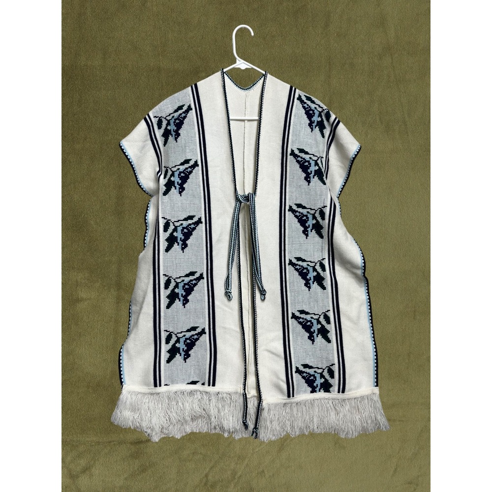 Vintage 1970s Knit Poncho White Blue Bird Pattern Fringe Acrylic Wrap One Size